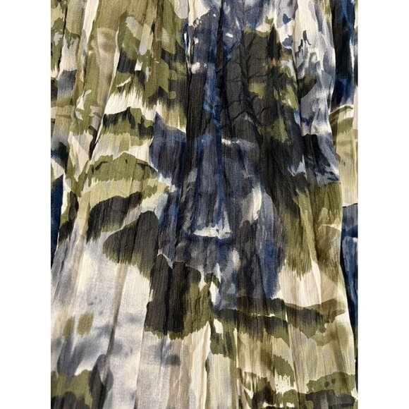 Retro Floral Earthy Midi Skirt 14 Blue Crinkle Tropical Resort Preppy Artsy Chic - Picture 4 of 11